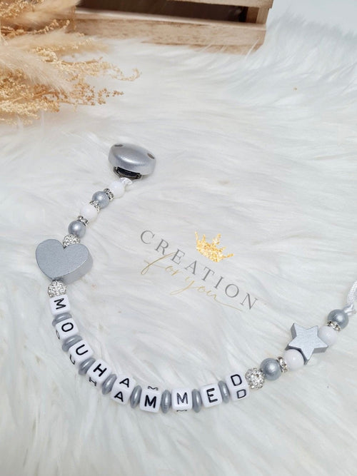 Attache tétine strass gris personnalisée